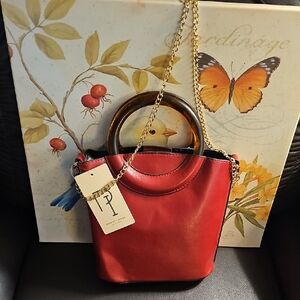 Perfect Image Deep Red Leather Jackie O Top Handle Tortie Style Or Crossbody Bag